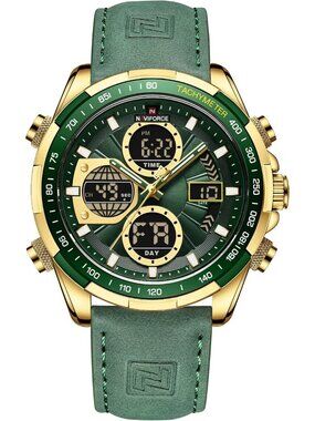 Men's Gold Green Military Digital Analog Quartz Waterproof Leather Wrist Watch